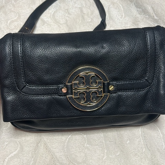 Tory Burch Handbags - Tory Burch Pebble Black Leather Bag  Fold Over Crossbody